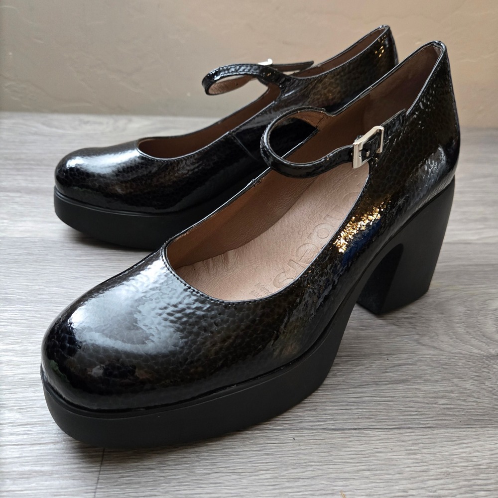 Wonders Black Patent Mary Jane Size 37 Platform Textured Leather Block Heel